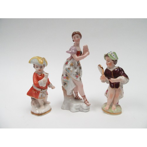 6278 - An 18th Century figurine of a dancer holding a mask, 12cm tall. A pair of Meissen figures, a boy wit... 