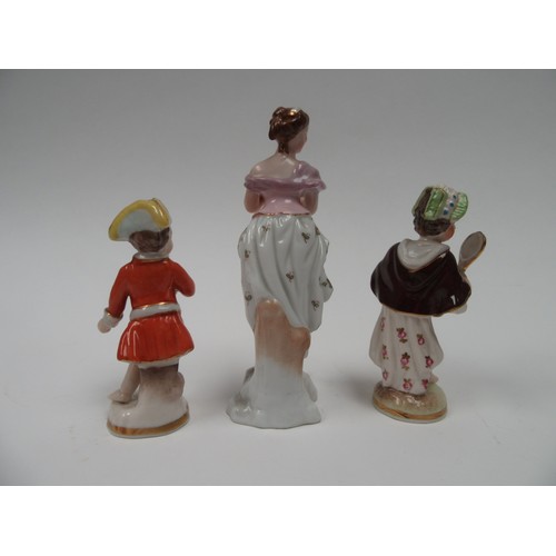 6278 - An 18th Century figurine of a dancer holding a mask, 12cm tall. A pair of Meissen figures, a boy wit... 