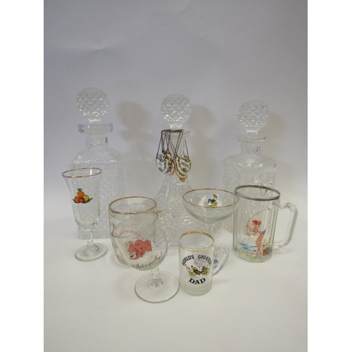 1422 - Three moulded glass decanters of various shapes, six Crown Staffordshire ceramic bottle labels and v... 