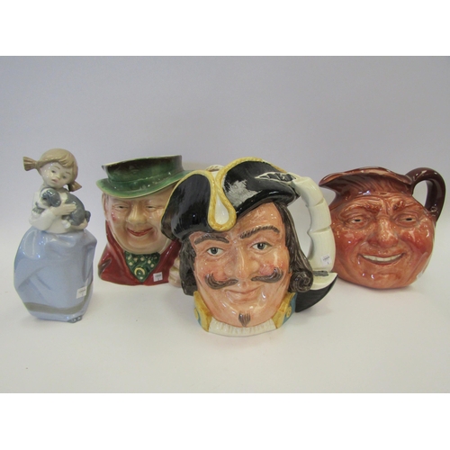 1435 - Two Royal Doulton and a Beswick character jug together with a Nao figure of girl holding puppy (4)