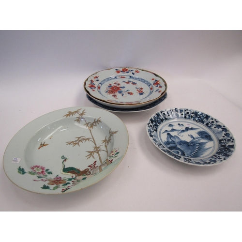 1461 - Five 18th Century and later Chinese porcelain plates - one with character marks to base