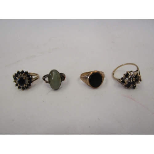 1470 - Three 9ct gold rings including sapphire and diamond clusters (stones missing) and an onyx signet rin... 