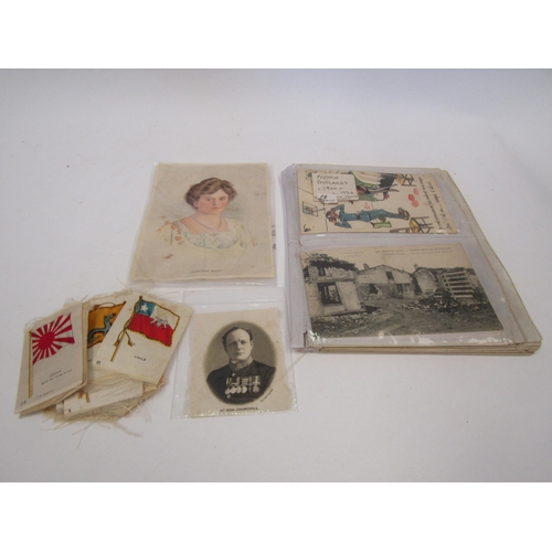 1485 - A folder of French postcards, silk flags and a silk image of Princess Mary