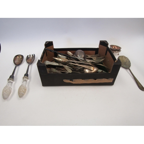 1504 - A box of miscellaneous plated flatware to include salad servers, brandy warmer (unmarked, A/F), salt... 