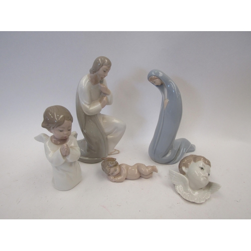 1507 - Five Lladro figures including angels and three piece nativity set, Joseph missing stick