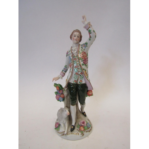 1516 - A 19th Century hard paste porcelain figure of a gallant in frock coat, waistcoat and green breeches,... 