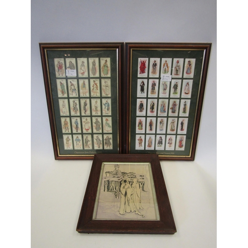 1557 - Two framed displays of Players cigarette cards including Dickens characters and a print depicting ro... 