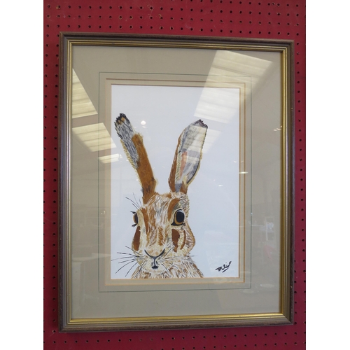 1145 - An abstract watercolour of a hare, signed lower right, framed and glazed, 34cm x 23cm image size