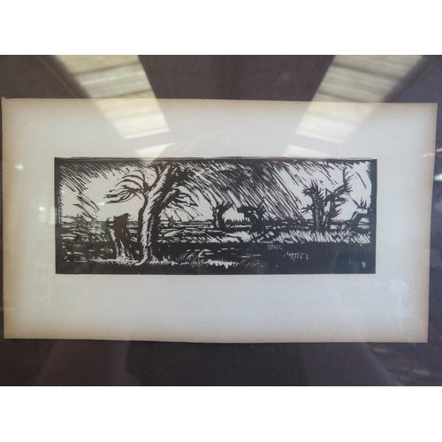 1148 - A woodblock print depicting trees in landscape, framed and glazed, 9cm x 16.5cm image size, after Fr... 