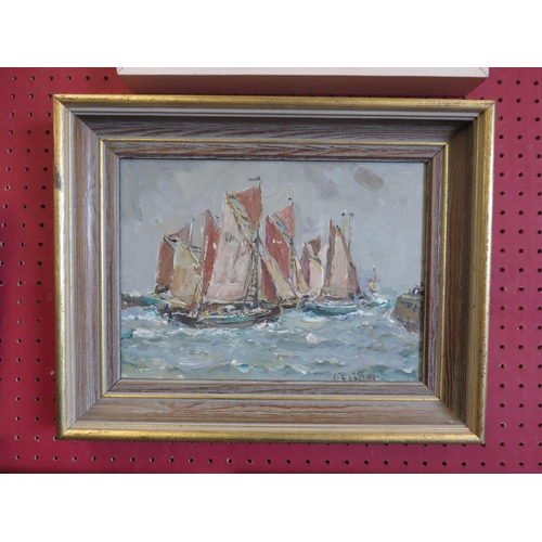 1149 - An oil on board depicting sailing ships leaving harbour in rough seas, framed, signed lower right, 2... 