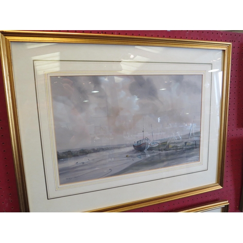 1157 - PETER SOLLY (XX): A watercolour of coastline, beached boats, signed and dated '88 lower right, frame... 