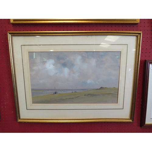 1158 - PETER SOLLY (XX): A watercolour of beached vessels in estuary at dusk, signed and dated '88 lower ri... 