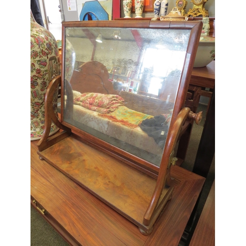 1219 - A 19th Century mahogany bathroom swing mirror with scrolled supports on bun feet