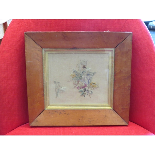 1265 - An embroidered image still-life of flowers, maple framed and glazed, 16cm x 18cm image size