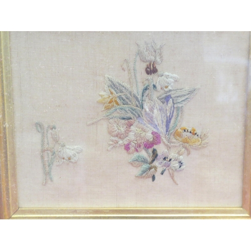 1265 - An embroidered image still-life of flowers, maple framed and glazed, 16cm x 18cm image size