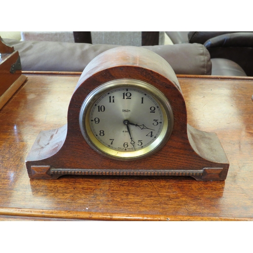 1276 - A Smith's oak 8-day Napoleon hat mantel clock, 14cm tall x 23.5cm wide