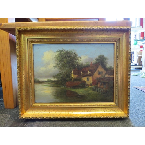 1279 - A 19th Century oil on board of a cottage at river's edge, unsigned, gilt framed, 29cm x 37cm image s... 