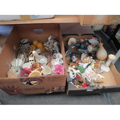 1299 - Two boxes of miscellaneous ceramics and glassware to include Arcadian crested 1914-1918 memoriam bea... 