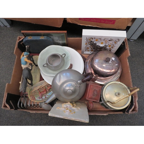 1313 - A box of assorted items including Border Fine Arts figure of jockey on horse (ear a/f), plated wares... 