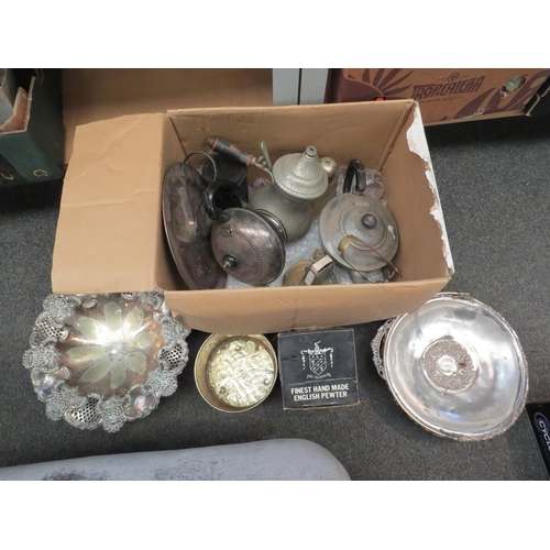 1318 - A box of miscellaneous wares to include Walker & Hall trefoil dish, plated teapot, planished pewter ... 