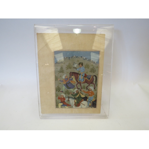 1322 - An Indian watercolour depicting hunting scene, text verso, unframed. 16cm x 11.5cm