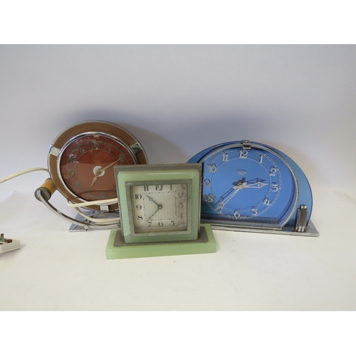 1327 - An Art Deco style Smiths Sectric mantel clock, blue glass with Arabic dial, together with two others... 