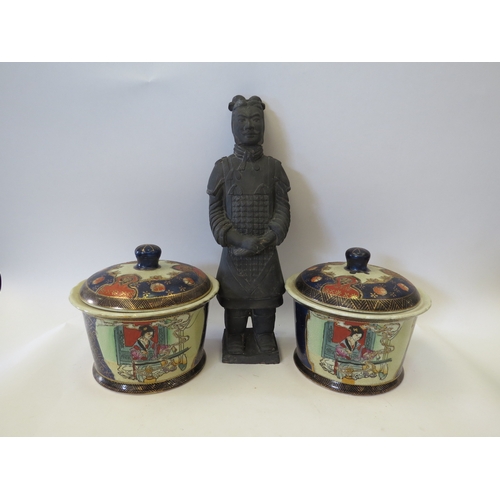 1331 - A pair of 20th Century Satsuma lidded pots with figural scenes and a terracotta army soldier figure,... 