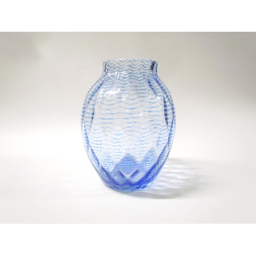 1532 - A 1930's glass vase, possibly by Stevens & Williams, clear glass with threaded blue line through dia... 