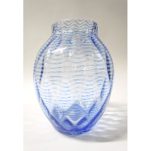 1532 - A 1930's glass vase, possibly by Stevens & Williams, clear glass with threaded blue line through dia... 