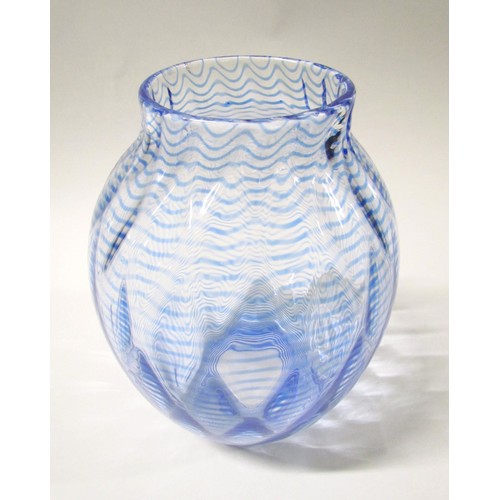 1532 - A 1930's glass vase, possibly by Stevens & Williams, clear glass with threaded blue line through dia... 