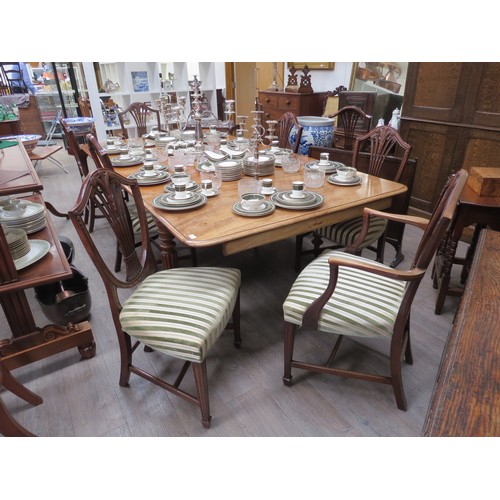 2152 - A set of Hepplewhite style dining chairs; six and two carvers with green velour stripe upholstery Pr... 