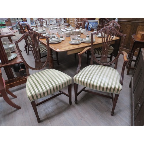 2152 - A set of Hepplewhite style dining chairs; six and two carvers with green velour stripe upholstery Pr... 