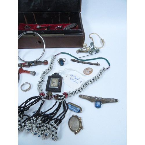 6370 - A box of bijouterie to include a Scottish hard stone brooch, French weather-cased fob watch, opal st... 