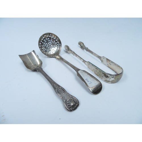 6335 - A silver sugar sifter spoon, Edinburgh 1847, silver sugar tongs, London, and a silver sugar shovel, ... 