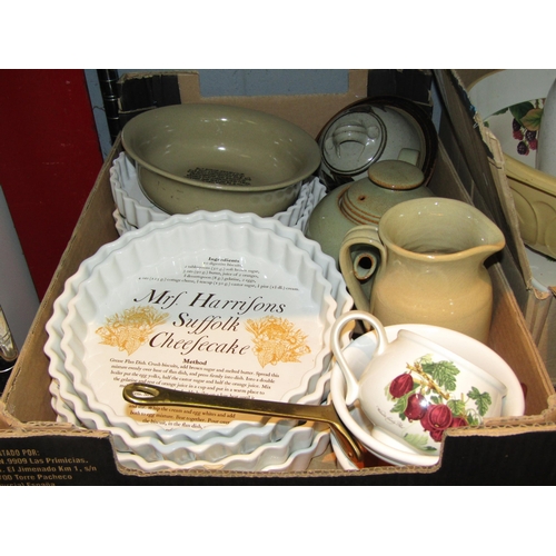 1563 - Three boxes containing a collection of ceramic pie plates, mixing bowls, cooking pot, Denby teapot a... 