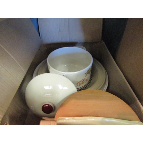 1563 - Three boxes containing a collection of ceramic pie plates, mixing bowls, cooking pot, Denby teapot a... 