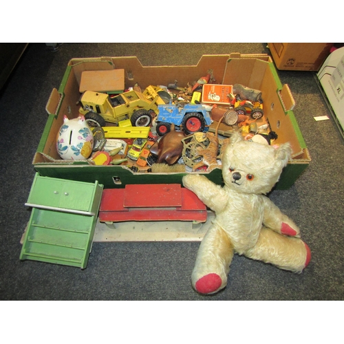 1565 - A box of mixed toys including diecast vehicles, teddy bear and various animals figures