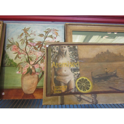 1571 - Four unframed oils, one depicting gentleman smoking a pipe (a/f), still life of jug of flowers etc.