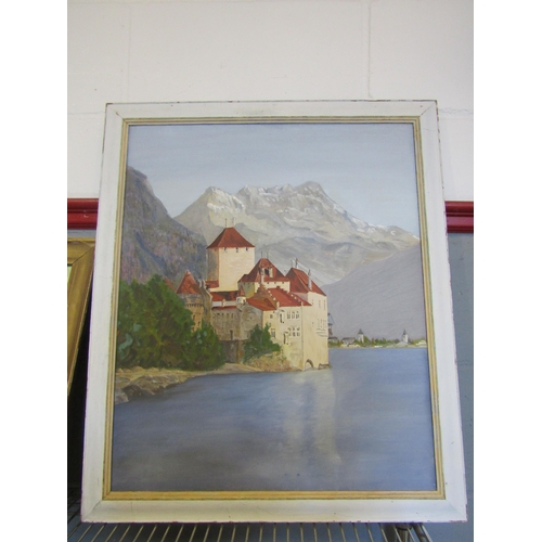 1573 - An oil on board depicting church on shore with mountains and lake, framed, 60cm x 50cm and a waterco... 