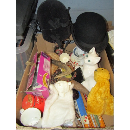 1580 - A box of assorted including bowler hat, hand puppets, ceramic cat and miniature soldiers