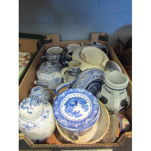 1584 - Two boxes of blue and white wares including ginger jars, dinner plates, teapots etc. some a/f