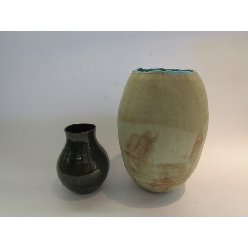 1600 - A Studio pottery vase beige ground, turquoise interior incised l.B to base, 29cm tall and a mottled ... 