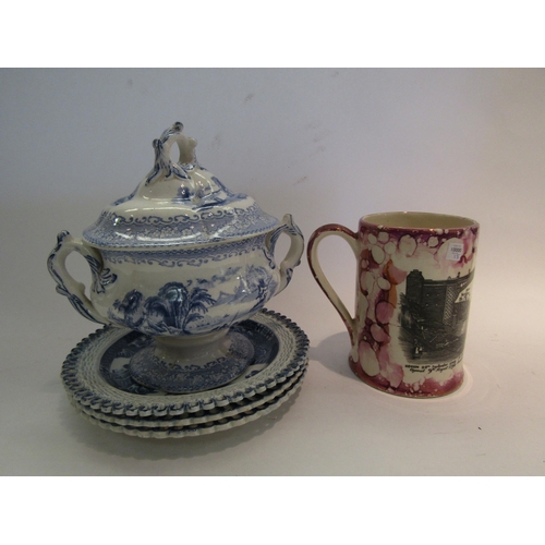 1603 - A Victorian blue and white pottery tureen, three Victorian blue and white plates and Sunderland lust... 