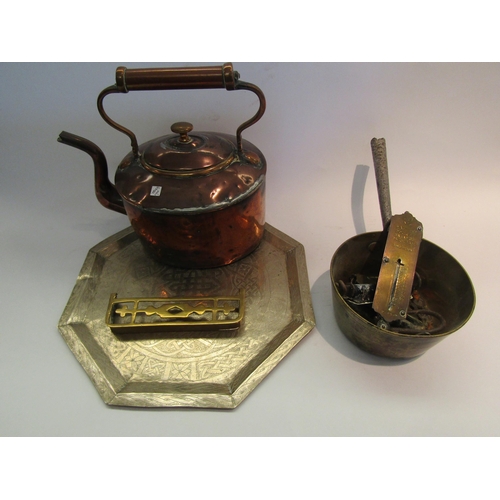 1604 - An Eastern octagonal tray with Victorian copper kettle, brass saucepan 15cm diameter, five 