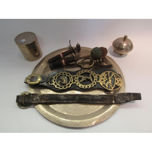 1614 - A circular Eastern tray, two Eastern pots, three horse brasses on leather strap, swingle and headban... 