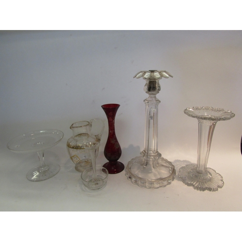 1620 - Six pieces of Victorian glass including lamp base, tazza and jug