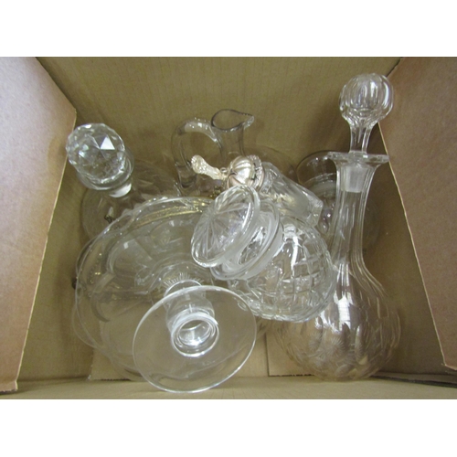 1633 - A box of miscellaneous glassware to include cut glass decanter, preserve jars and covers, tazza, pre... 