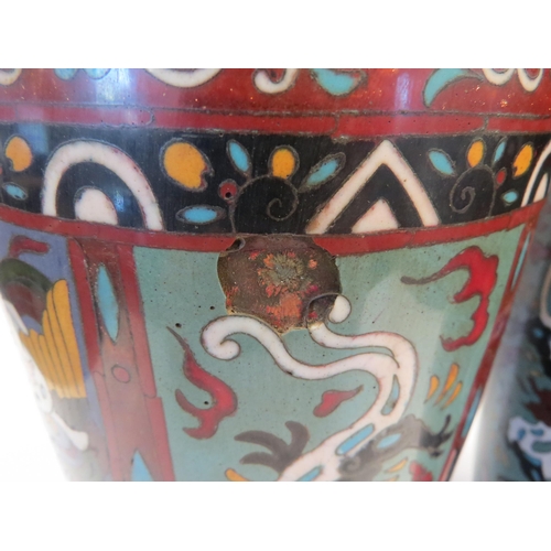 1101 - A pair of cloisonne vases of baluster form, rim to one heavily damaged, 37cm tall