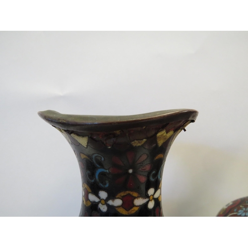 1101 - A pair of cloisonne vases of baluster form, rim to one heavily damaged, 37cm tall