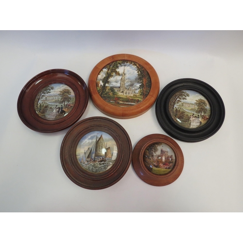 1341 - Five 19th Century framed paste pot lids and plaques, largest 20cm diameter